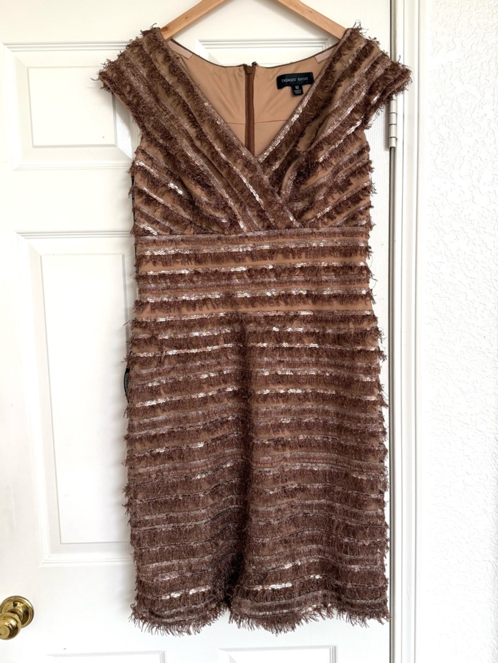 Tadashi Shoji Thora Silken Fringe Dress NWT Brown Tan Gold Midi Length 10 - Picture 4 of 10